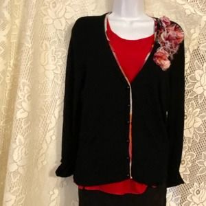 ELEGANT WHBM Sz Black Cardigan with pink trim and floral Accent